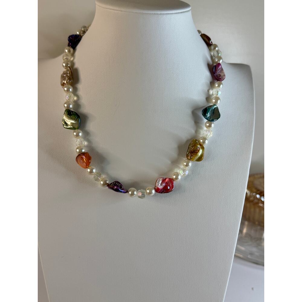 Vintage pearl, glass and crystal necklace with earrings. 20” + 3” ext.